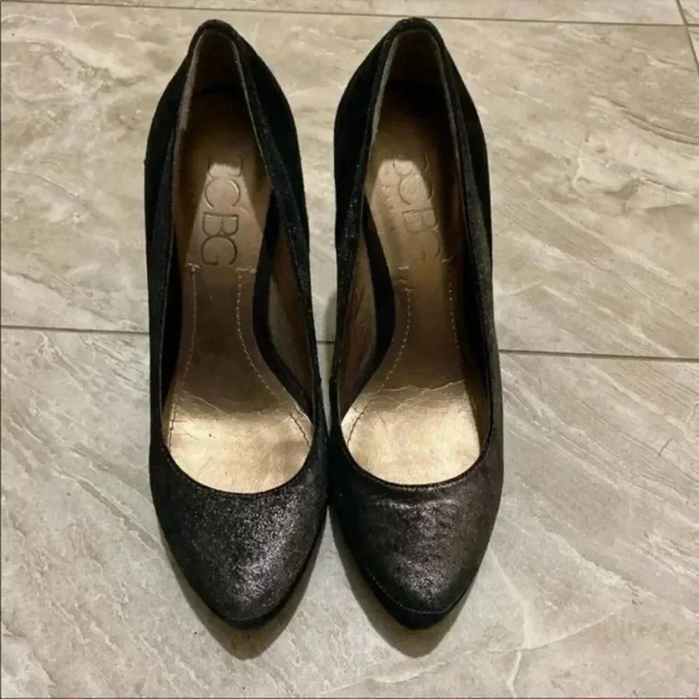BCBG Black Shimmer Suede Pumps | Classic Pointed Toe Heels